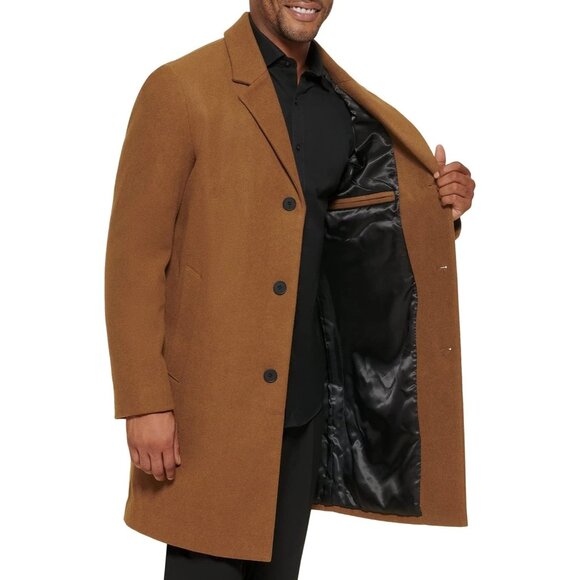 DKNY Mens Camel Overcoat Large RK10394 EUC Wool Blend Winter Lined Brown - Picture 3 of 15